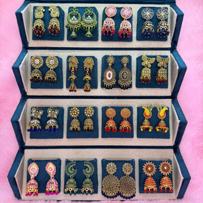 16 Pairs Premium Traditional Jhumka Earrings Combo Gift Box for Women & Girls