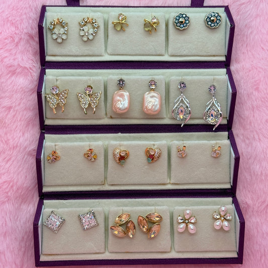 12 Pair Elegant Korean Style Earrings Combo Set for Women & Girls | Butterfly, Floral & Crystal Stud Earrings Collection