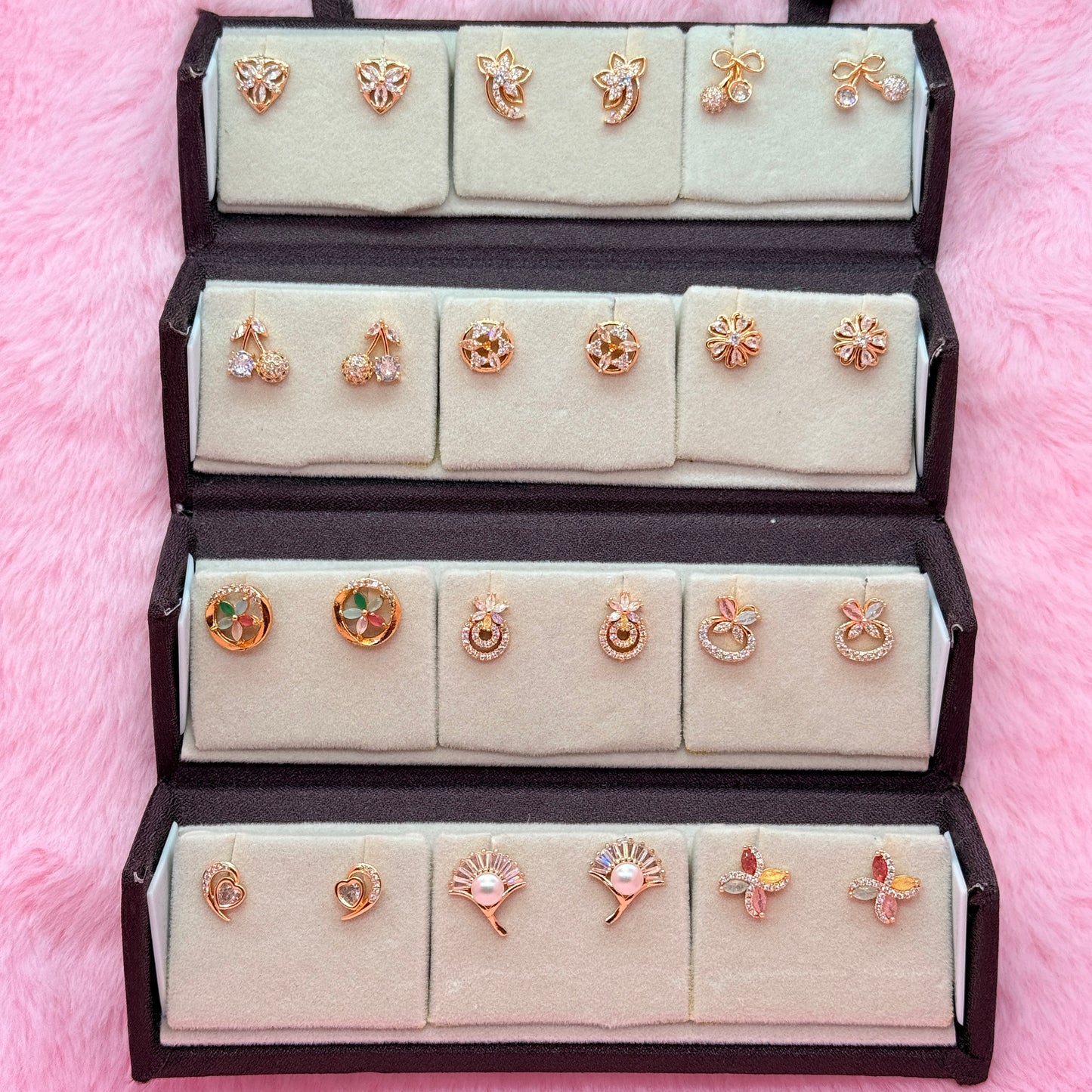 12 Pair Rose Gold Trendy Stud Earrings Combo Set for Women & Girls | Floral, Butterfly & Crystal Earrings Collection