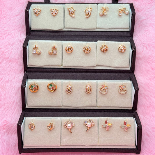 12 Pair Rose Gold Trendy Stud Earrings Combo Set for Women & Girls | Floral, Butterfly & Crystal Earrings Collection