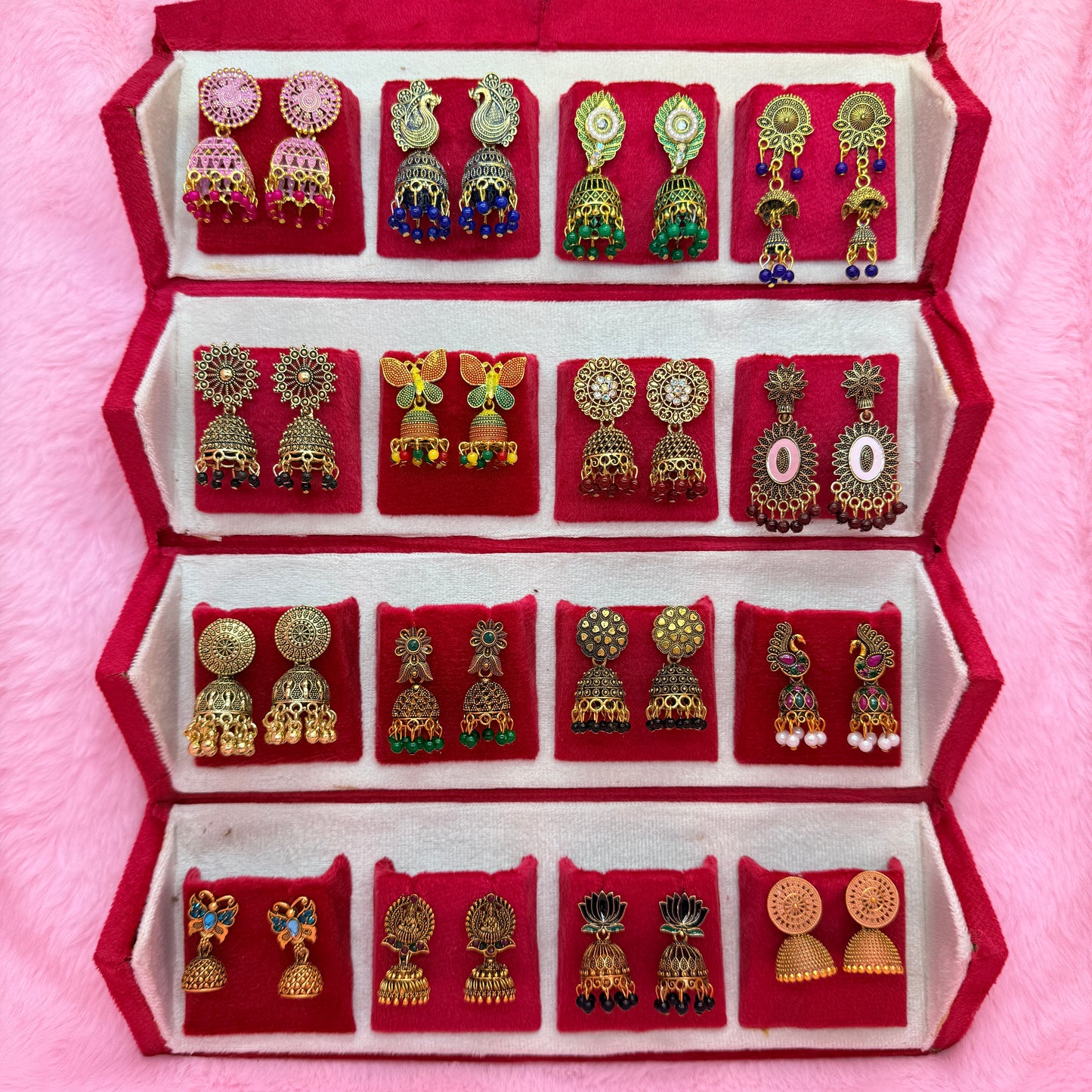 16 Pairs Premium Traditional Jhumka Earrings Combo Gift Box for Women & Girls