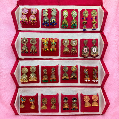 16 Pairs Premium Traditional Jhumka Earrings Combo Gift Box for Women & Girls