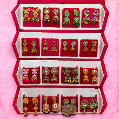 16 Pairs Premium Traditional Jhumka Earrings Combo Gift Box for Women & Girls