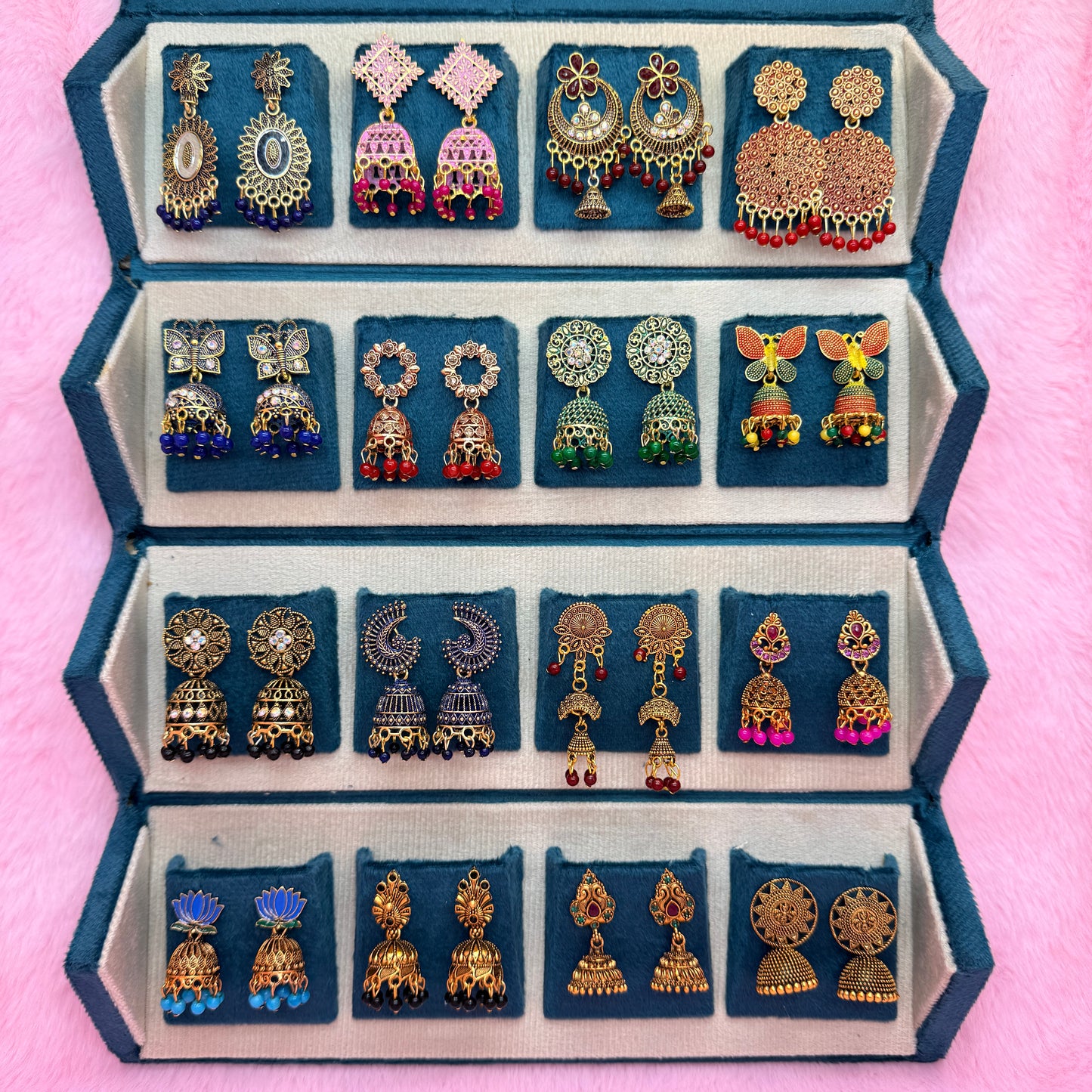 16 Pairs Premium Traditional Jhumka Earrings Combo Gift Box for Women & Girls