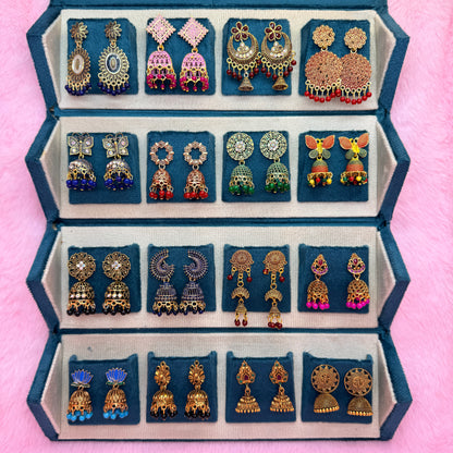 16 Pairs Premium Traditional Jhumka Earrings Combo Gift Box for Women & Girls