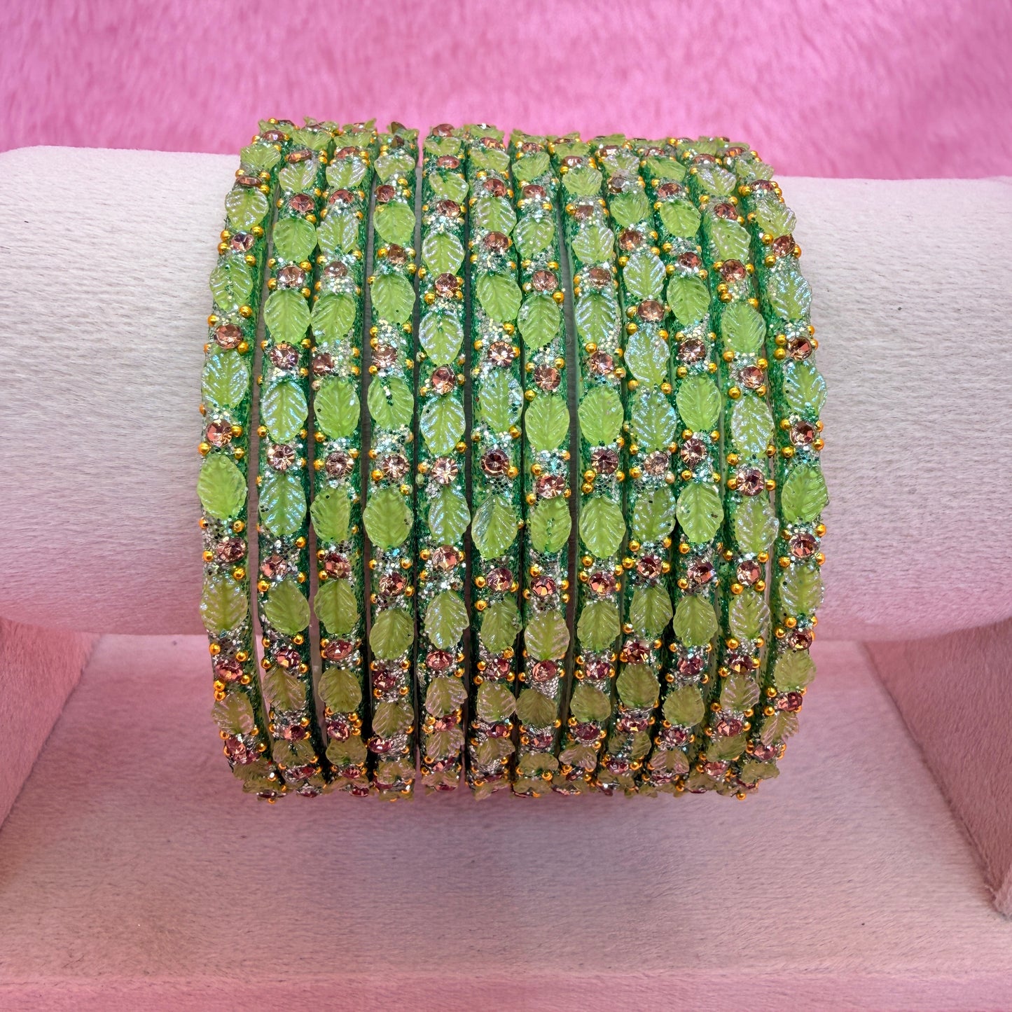 12 Pcs Leaf Stone Glitter Bangles Set for Women | Traditional Fashion Bangle Combo | Multi-Color Collection