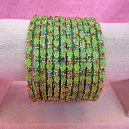 12 Pcs Leaf Stone Glitter Bangles Set for Women | Traditional Fashion Bangle Combo | Multi-Color Collection