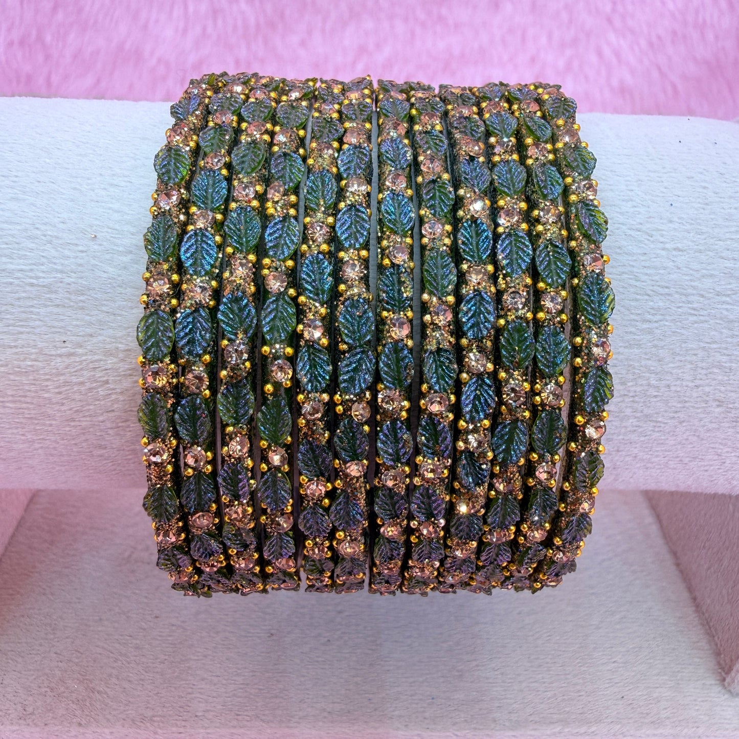12 Pcs Leaf Stone Glitter Bangles Set for Women | Traditional Fashion Bangle Combo | Multi-Color Collection