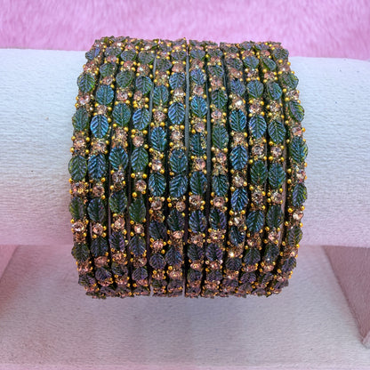 12 Pcs Leaf Stone Glitter Bangles Set for Women | Traditional Fashion Bangle Combo | Multi-Color Collection