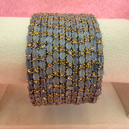 12 Pcs Leaf Stone Glitter Bangles Set for Women | Traditional Fashion Bangle Combo | Multi-Color Collection