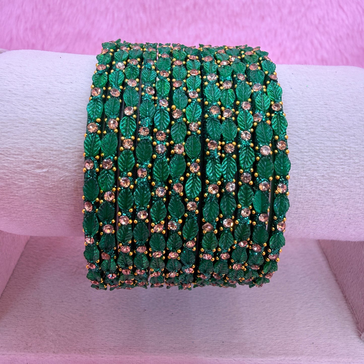 12 Pcs Leaf Stone Glitter Bangles Set for Women | Traditional Fashion Bangle Combo | Multi-Color Collection