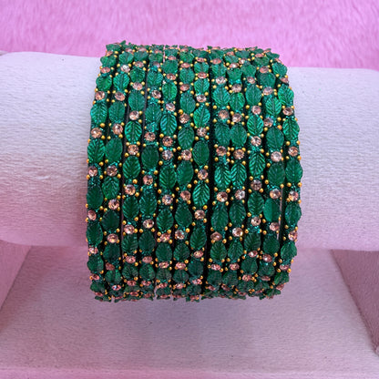 12 Pcs Leaf Stone Glitter Bangles Set for Women | Traditional Fashion Bangle Combo | Multi-Color Collection