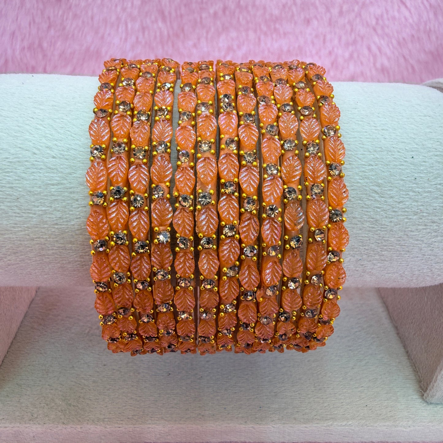 12 Pcs Leaf Stone Glitter Bangles Set for Women | Traditional Fashion Bangle Combo | Multi-Color Collection