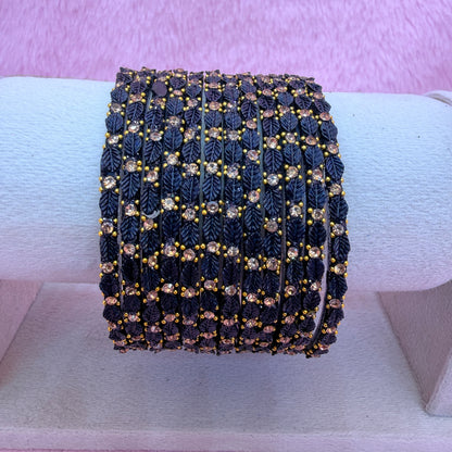 12 Pcs Leaf Stone Glitter Bangles Set for Women | Traditional Fashion Bangle Combo | Multi-Color Collection