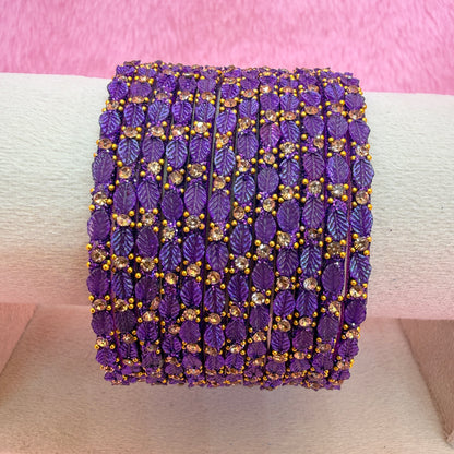 12 Pcs Leaf Stone Glitter Bangles Set for Women | Traditional Fashion Bangle Combo | Multi-Color Collection
