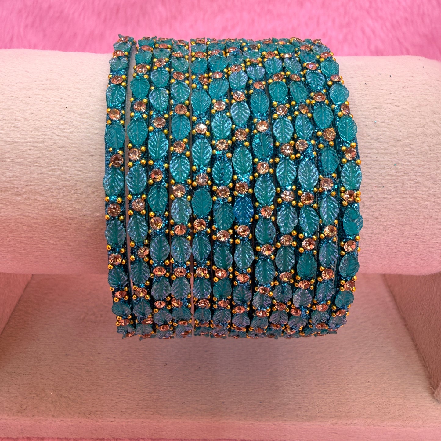 12 Pcs Leaf Stone Glitter Bangles Set for Women | Traditional Fashion Bangle Combo | Multi-Color Collection