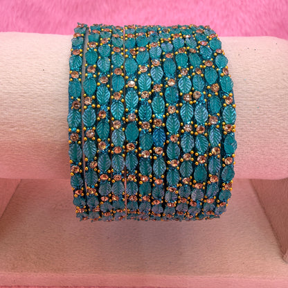 12 Pcs Leaf Stone Glitter Bangles Set for Women | Traditional Fashion Bangle Combo | Multi-Color Collection