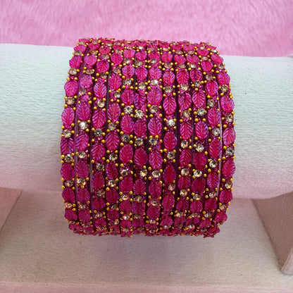 12 Pcs Leaf Stone Glitter Bangles Set for Women | Traditional Fashion Bangle Combo | Multi-Color Collection