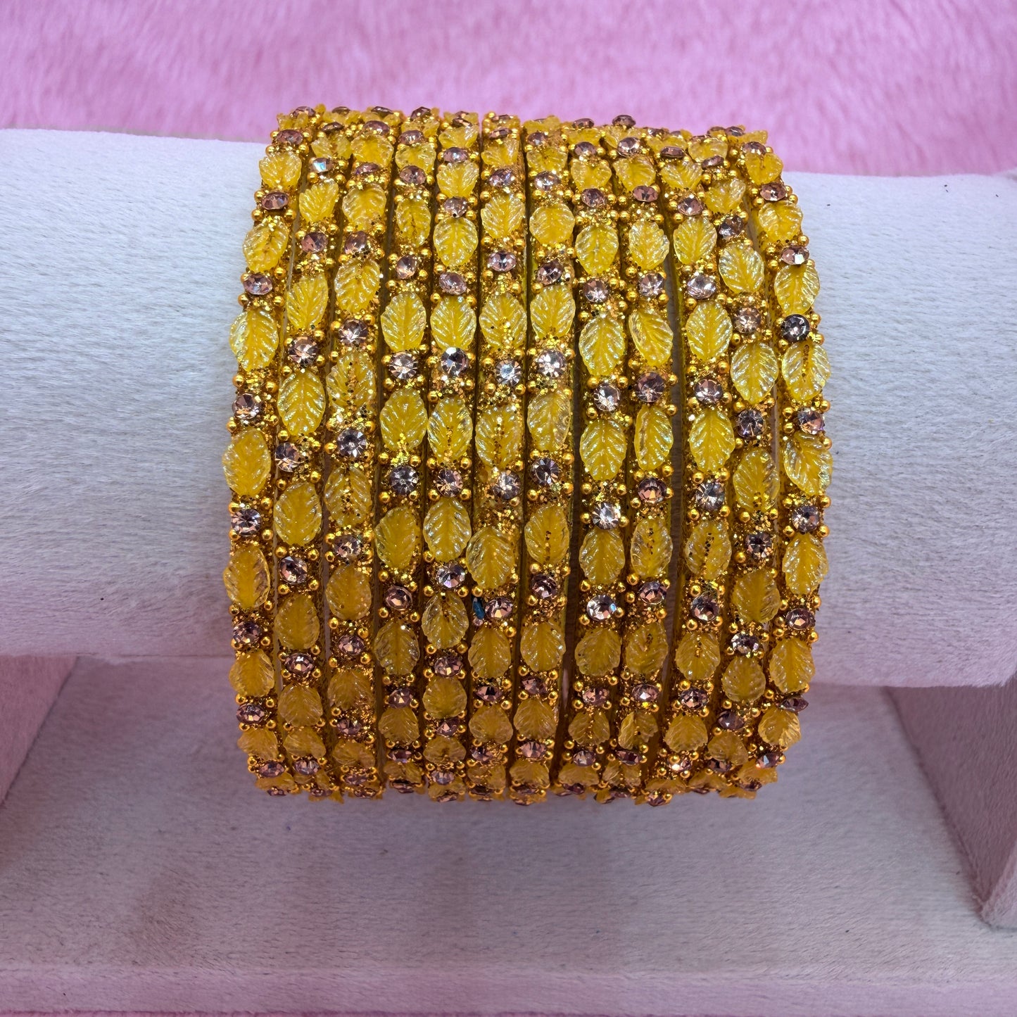 12 Pcs Leaf Stone Glitter Bangles Set for Women | Traditional Fashion Bangle Combo | Multi-Color Collection