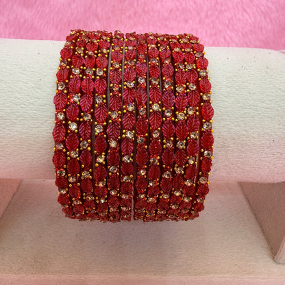 12 Pcs Leaf Stone Glitter Bangles Set for Women | Traditional Fashion Bangle Combo | Multi-Color Collection