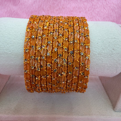 12 Pcs Leaf Stone Glitter Bangles Set for Women | Traditional Fashion Bangle Combo | Multi-Color Collection