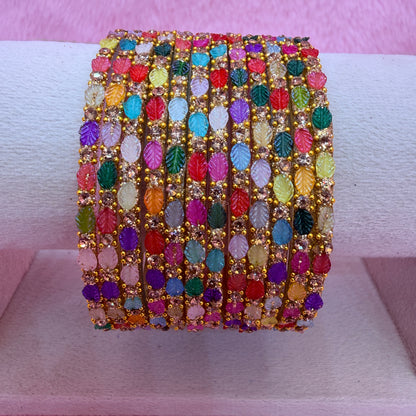 12 Pcs Leaf Stone Glitter Bangles Set for Women | Traditional Fashion Bangle Combo | Multi-Color Collection