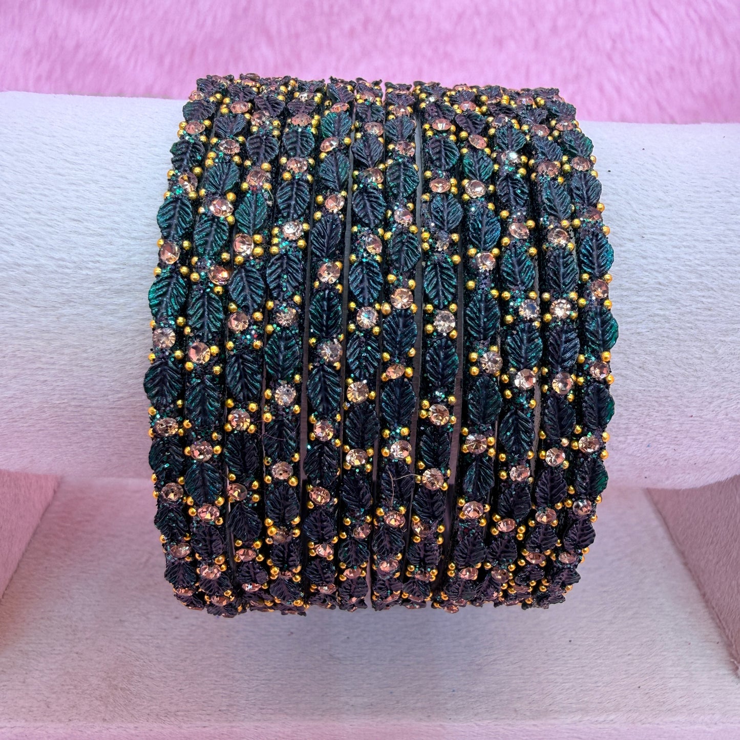 12 Pcs Leaf Stone Glitter Bangles Set for Women | Traditional Fashion Bangle Combo | Multi-Color Collection