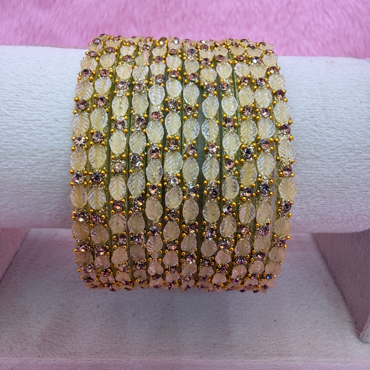 12 Pcs Leaf Stone Glitter Bangles Set for Women | Traditional Fashion Bangle Combo | Multi-Color Collection