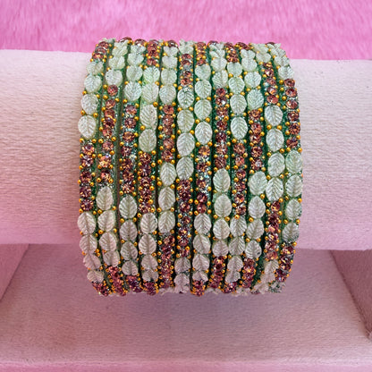 1 Dozen Leaf Stone Bridal Glass Bangles Combo Set – Assorted Colors | Wedding & Festive Wear Collection
