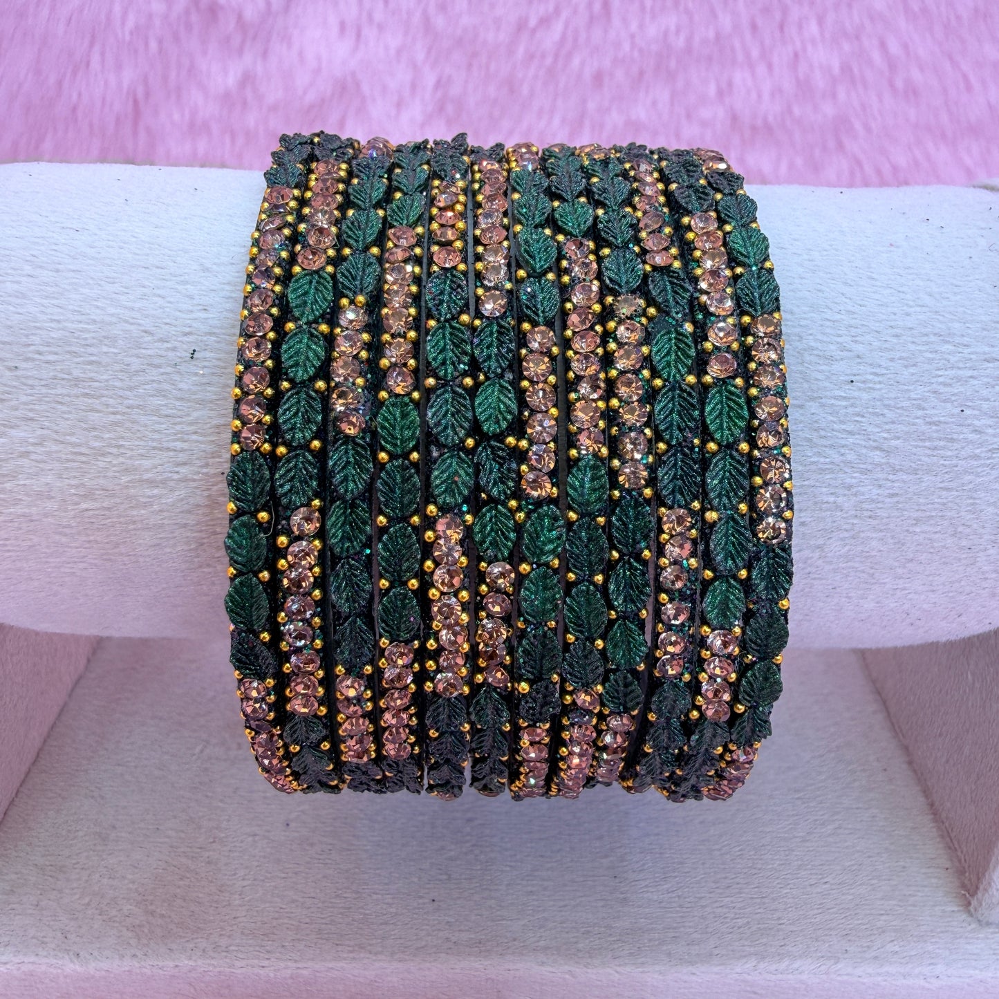 1 Dozen Leaf Stone Bridal Glass Bangles Combo Set – Assorted Colors | Wedding & Festive Wear Collection