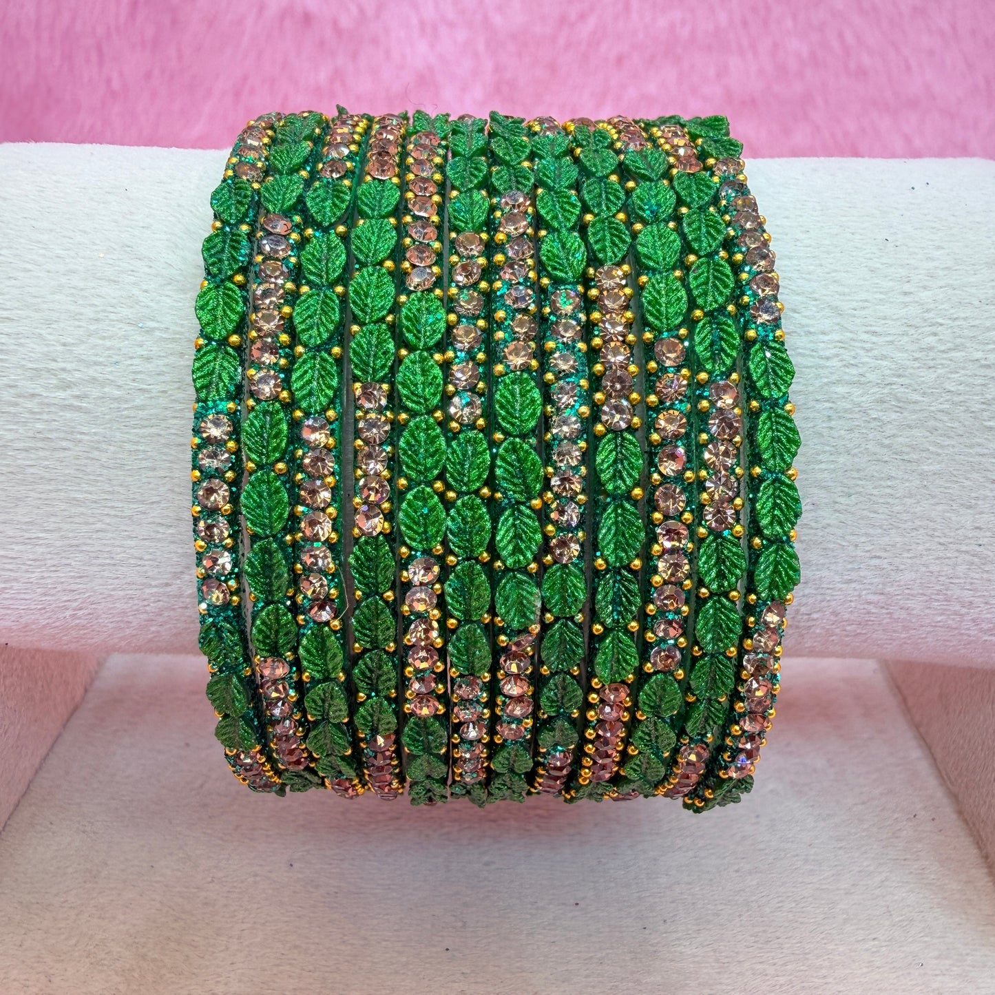 1 Dozen Leaf Stone Bridal Glass Bangles Combo Set – Assorted Colors | Wedding & Festive Wear Collection