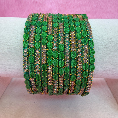 1 Dozen Leaf Stone Bridal Glass Bangles Combo Set – Assorted Colors | Wedding & Festive Wear Collection