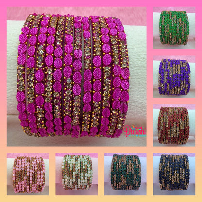 1 Dozen Leaf Stone Bridal Glass Bangles Combo Set – Assorted Colors | Wedding & Festive Wear Collection