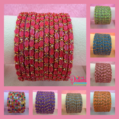 12 Pcs Leaf Stone Glitter Bangles Set for Women | Traditional Fashion Bangle Combo | Multi-Color Collection