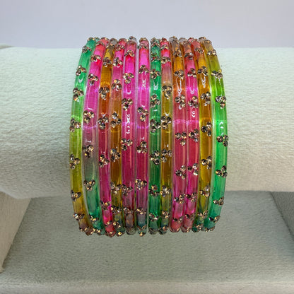 12 Piece Crystal Stone Glass Bangles Set for Women – Premium Transparent Color Bangles Collection