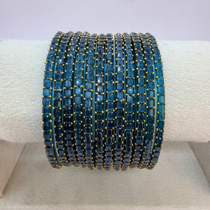 Square Cut Crystal Bead Glass Bangles Set for Women – 12 Pieces (1 Dozen) | Sparkling Crystal Finish | Traditional Fashion Jewellery