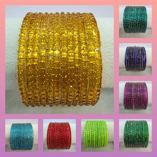 Square Cut Crystal Bead Glass Bangles Set for Women – 12 Pieces (1 Dozen) | Sparkling Crystal Finish | Traditional Fashion Jewellery