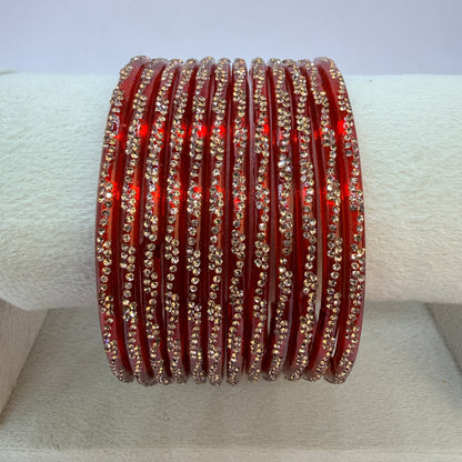 Continuous Crystal Stone Glass Bangles Set for Women – 12 Pieces (1 Dozen) | Traditional Bridal & Party Wear Bangles