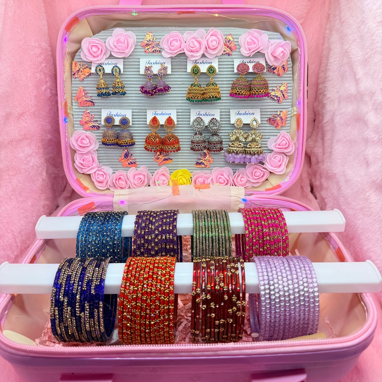 8 Dozen Fancy Glass Bangles with 8 Pair Jhumka Earrings Combo Set in Pink Mini Suitcase Gift Box