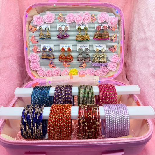 8 Dozen Fancy Glass Bangles with 8 Pair Jhumka Earrings Combo Set in Pink Mini Suitcase Gift Box