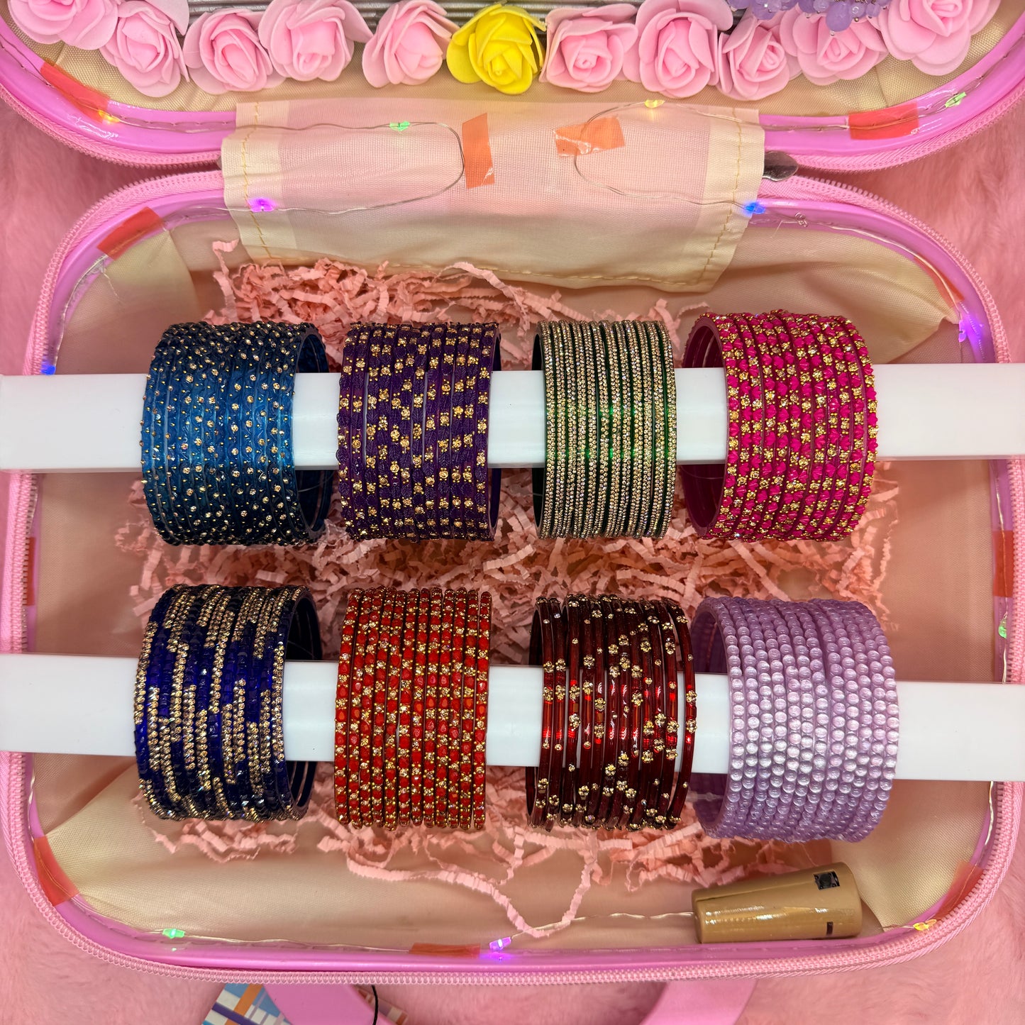 8 Dozen Fancy Glass Bangles with 8 Pair Jhumka Earrings Combo Set in Pink Mini Suitcase Gift Box