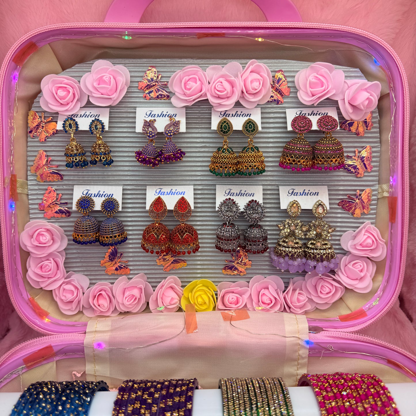 8 Dozen Fancy Glass Bangles with 8 Pair Jhumka Earrings Combo Set in Pink Mini Suitcase Gift Box
