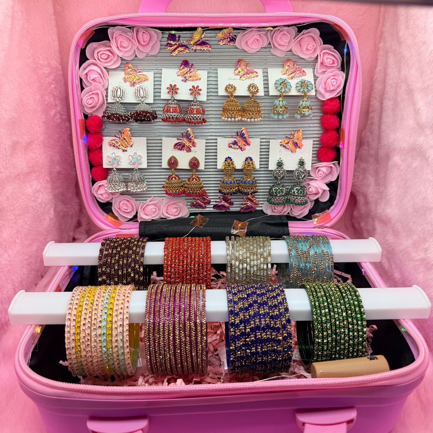 8 Dozen Premium Glass Bangles with 8 Pair Designer Jhumka Earrings Combo in Cute Pink Cartoon Mini Suitcase