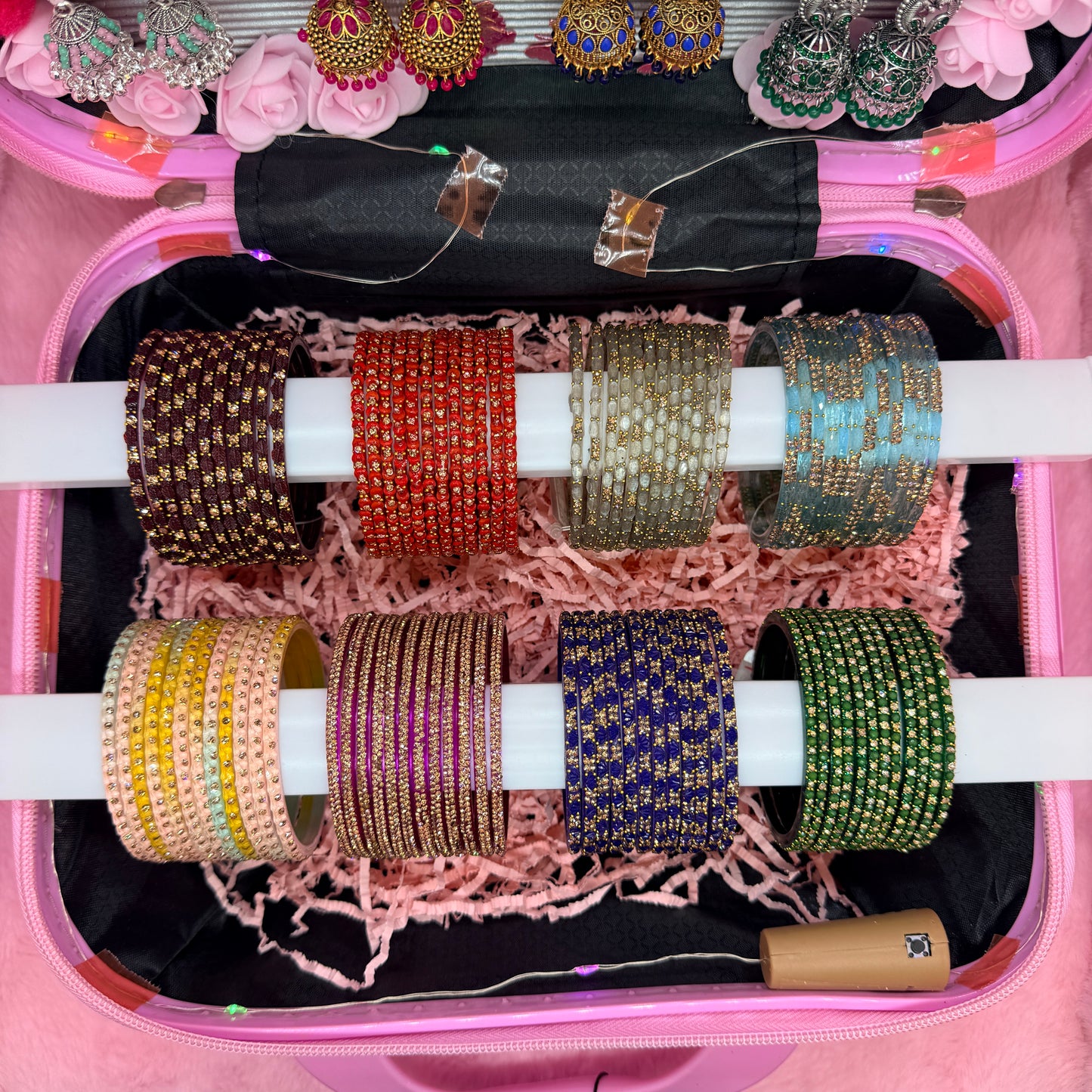 8 Dozen Premium Glass Bangles with 8 Pair Designer Jhumka Earrings Combo in Cute Pink Cartoon Mini Suitcase