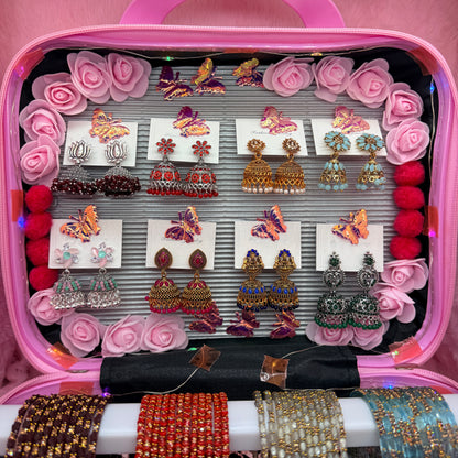 8 Dozen Premium Glass Bangles with 8 Pair Designer Jhumka Earrings Combo in Cute Pink Cartoon Mini Suitcase