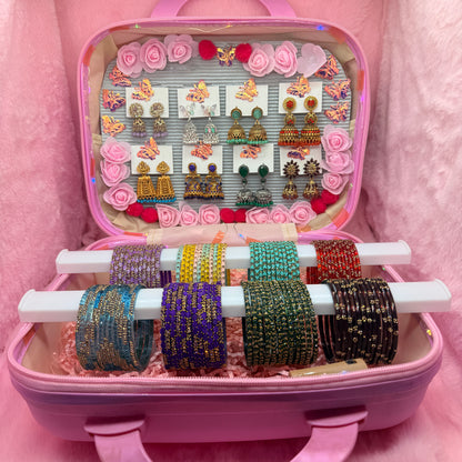 8 Dozen Designer Glass Bangles with 8 Pair Premium Jhumka Earrings Combo Set in Pink Mini Suitcase Gift Box