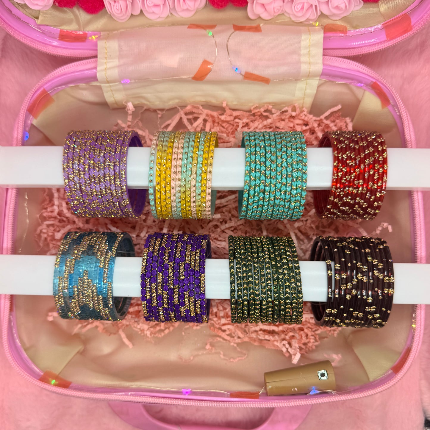 8 Dozen Designer Glass Bangles with 8 Pair Premium Jhumka Earrings Combo Set in Pink Mini Suitcase Gift Box