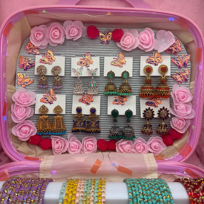 8 Dozen Designer Glass Bangles with 8 Pair Premium Jhumka Earrings Combo Set in Pink Mini Suitcase Gift Box