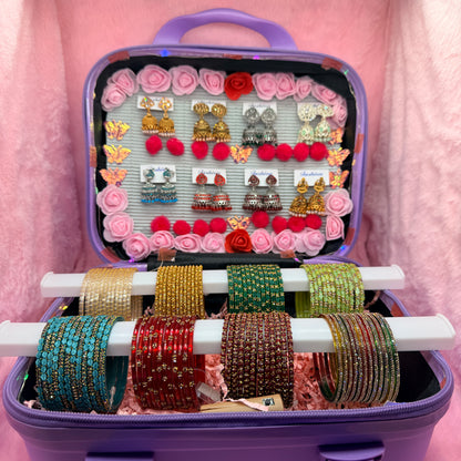 8 Dozen Premium Glass Bangles with 8 Pair Designer Jhumka Earrings Combo in Purple Cartoon Mini Suitcase Gift Box