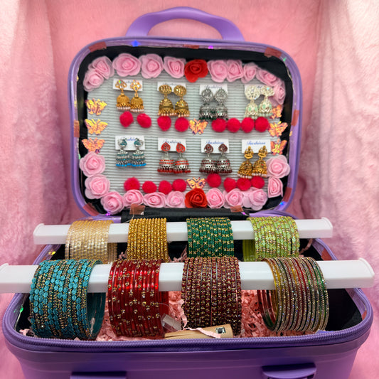 8 Dozen Premium Glass Bangles with 8 Pair Designer Jhumka Earrings Combo in Purple Cartoon Mini Suitcase Gift Box